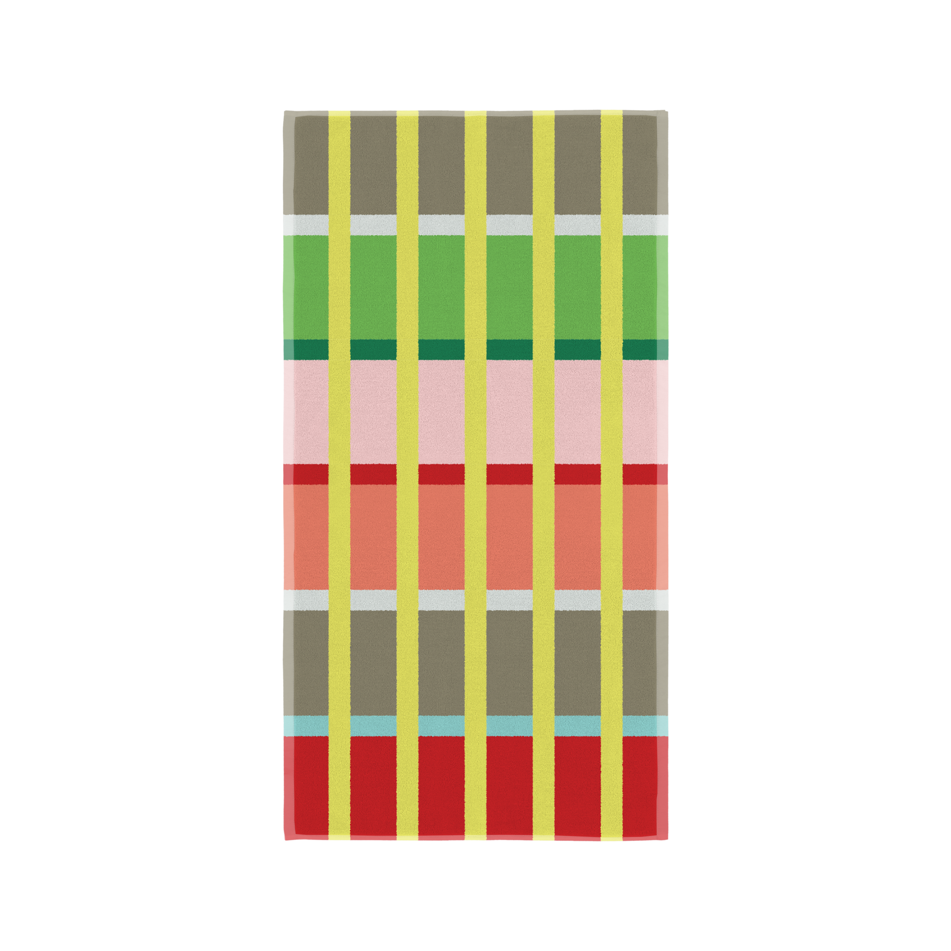 Serviette Kaido pliée, ornée d'un motif à carreaux éclatant : rayures verticales jaunes et bandes horizontales vives. Le gris-brun, blanc, vert, rose, corail, bleu clair et rouge lui donnent un look joyeux.