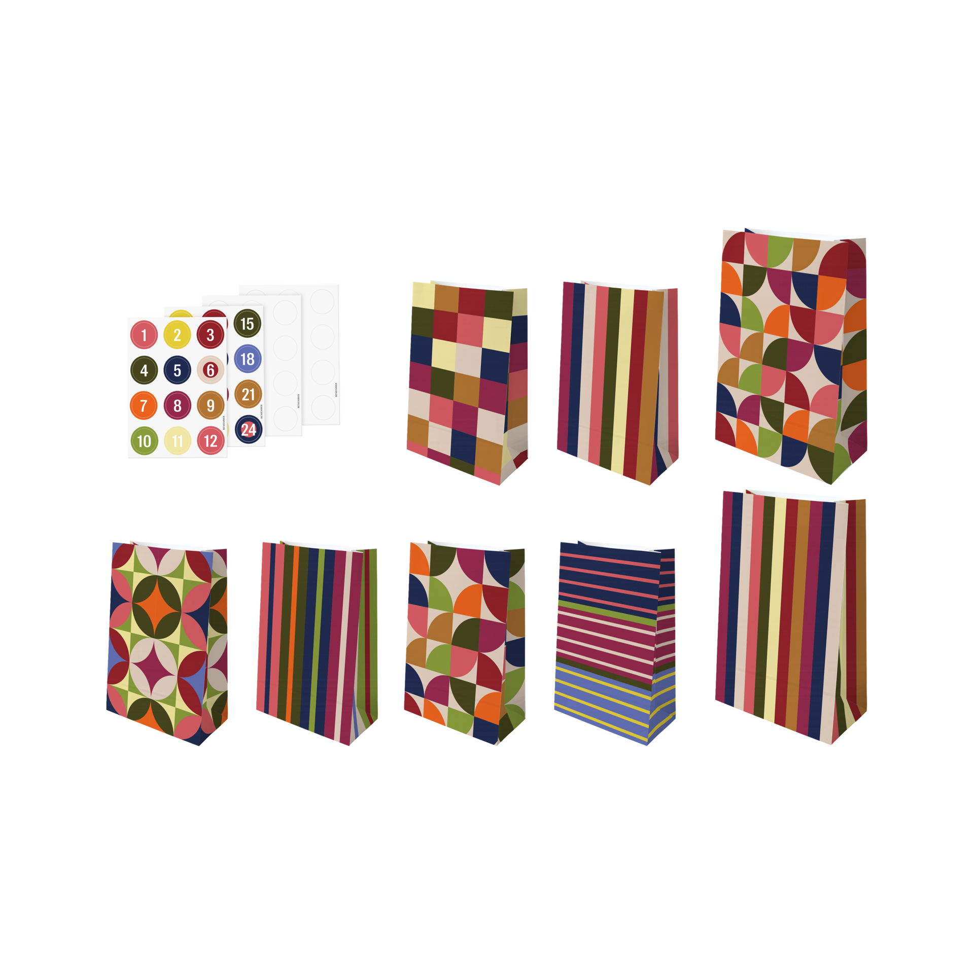 24 sachets colorés pour calendrier de l'Avent, tailles variées, motifs à carreaux, rayures et géométriques. Avec autocollants numérotés 1-24 et autocollants blancs vierges. Idéal pour un calendrier personnalisé.