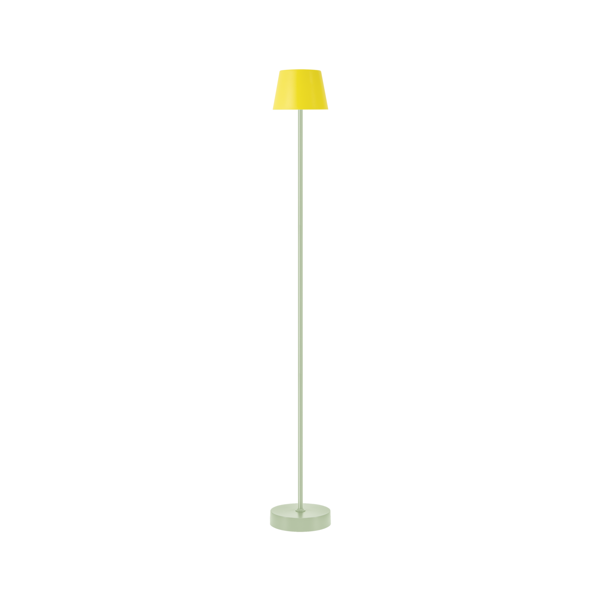 Freistehende, schlanke Stehleuchte mit gelbem Schirm und hellgrünem Fuß. Das Produkt verfügt über ein minimalistisches Design mit einem zylindrischen Lampenschirm und einem dünnen Stab.