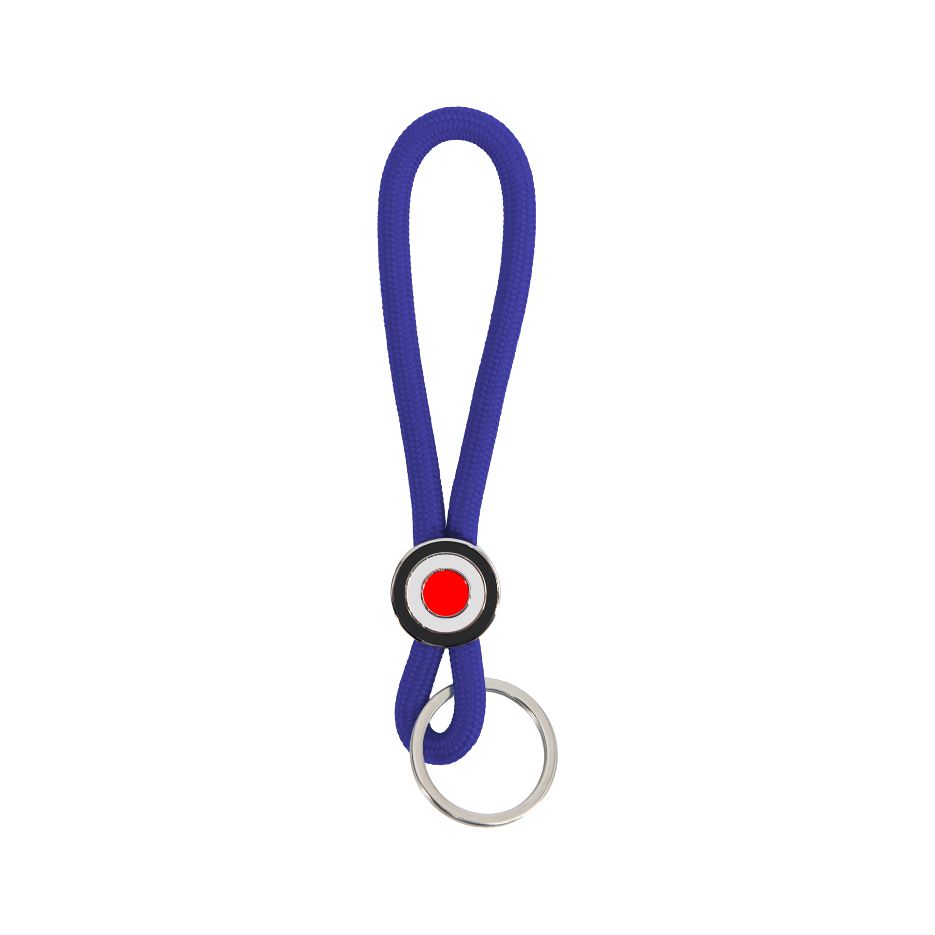 Schlüsselanhänger Ringo tiefblau mit blauem Band, rundem Logo mit rotem Punkt und Schlüsselring.