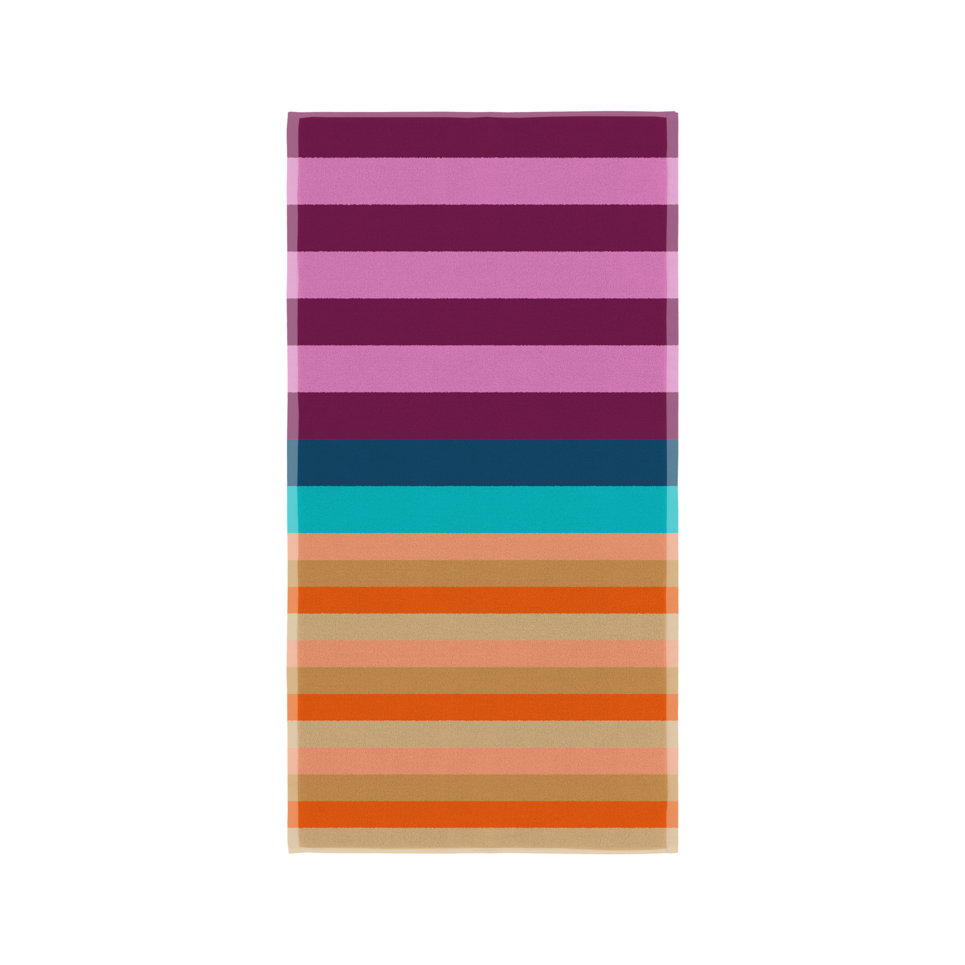 Serviette Alva à rayures horizontales. En haut, tons violets et roses ; au milieu, rayures bleu pétrole et turquoise ; en bas, nuances d'orange clair, beige et orange vif. Motif dynamique et coloré.