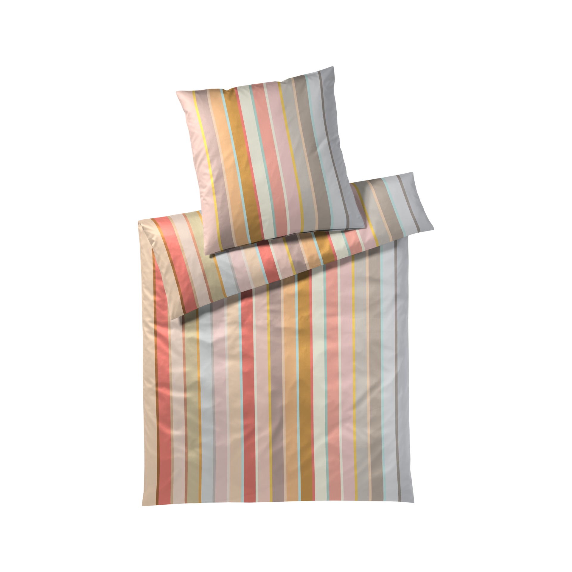 Bettwäsche 'Lille' mit Streifenmuster in Beige, Rosa, Grau und Gelb, bestehend aus einem Kissenbezug und einem Bettbezug.