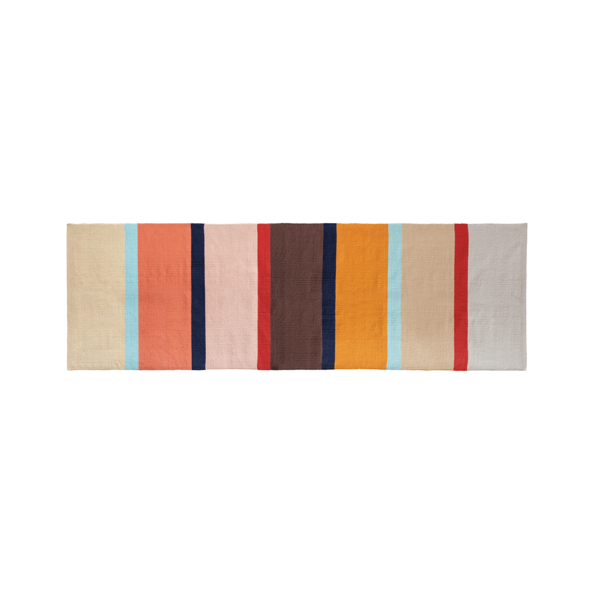 Tapis de sol allongé 'Zaza' avec des rayures colorées en beige, bleu, rose, rouge, marron et orange. Coton tissé à la main avec une texture reconnaissable.