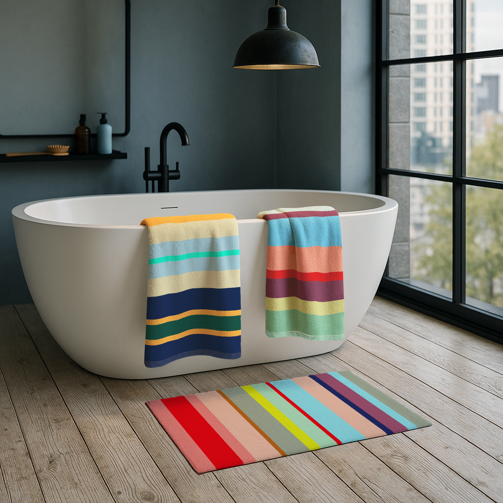 Tapis de bain rectangulaire à rayures verticales multicolores (rose, rouge, turquoise, bleu, vert, beige, orange, crème). Étiquette noire REMEMBER® à droite.