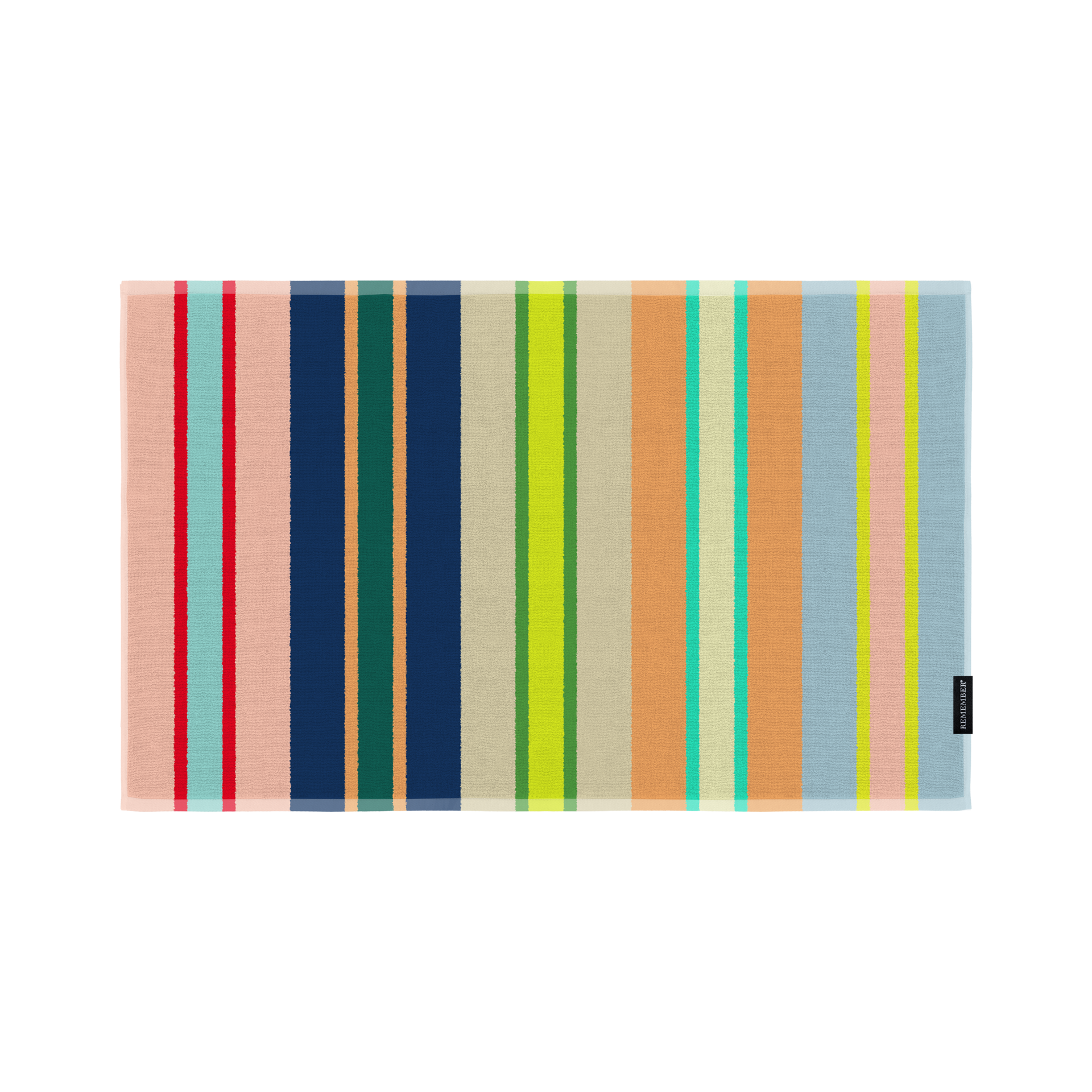 Tapis de bain rectangulaire à rayures verticales multicolores (rose, rouge, turquoise, bleu, vert, beige, orange, crème). Étiquette noire REMEMBER® à droite.