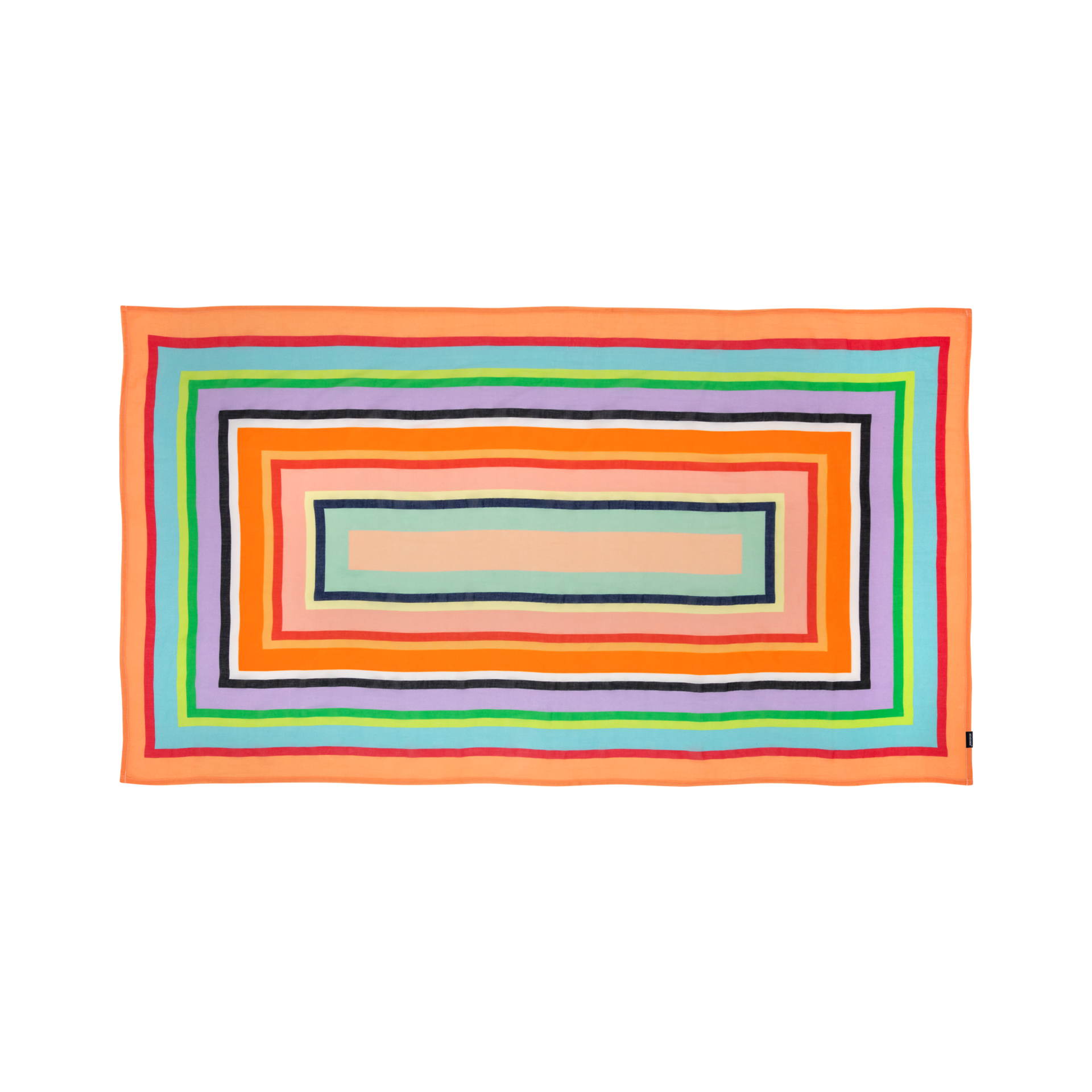 Ein rechteckiges Tuch mit konzentrischen, farbigen Rechtecken auf weißem Grund. Die Farben sind Orange, Rot, Türkis, Grün, Lila, Schwarz und Beige.